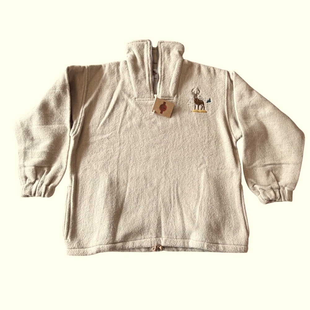 Earth Ragz Deer Embroidered Quarter Zip‎ Fleece Pullover  Beige Men Size L NEW